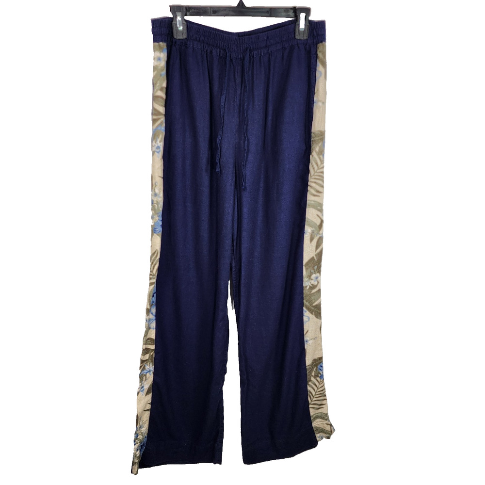 Denim & Co. Women Naturals Regular Linen Blend Contrast Pant Blue Medium A503616